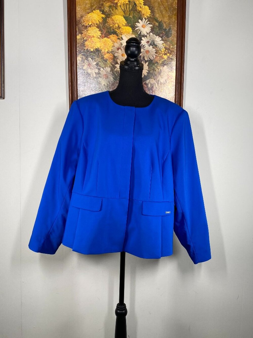 Calvin Klein Suit Blazer Women's 22W Blue Shoulder Pads Snap Button Office